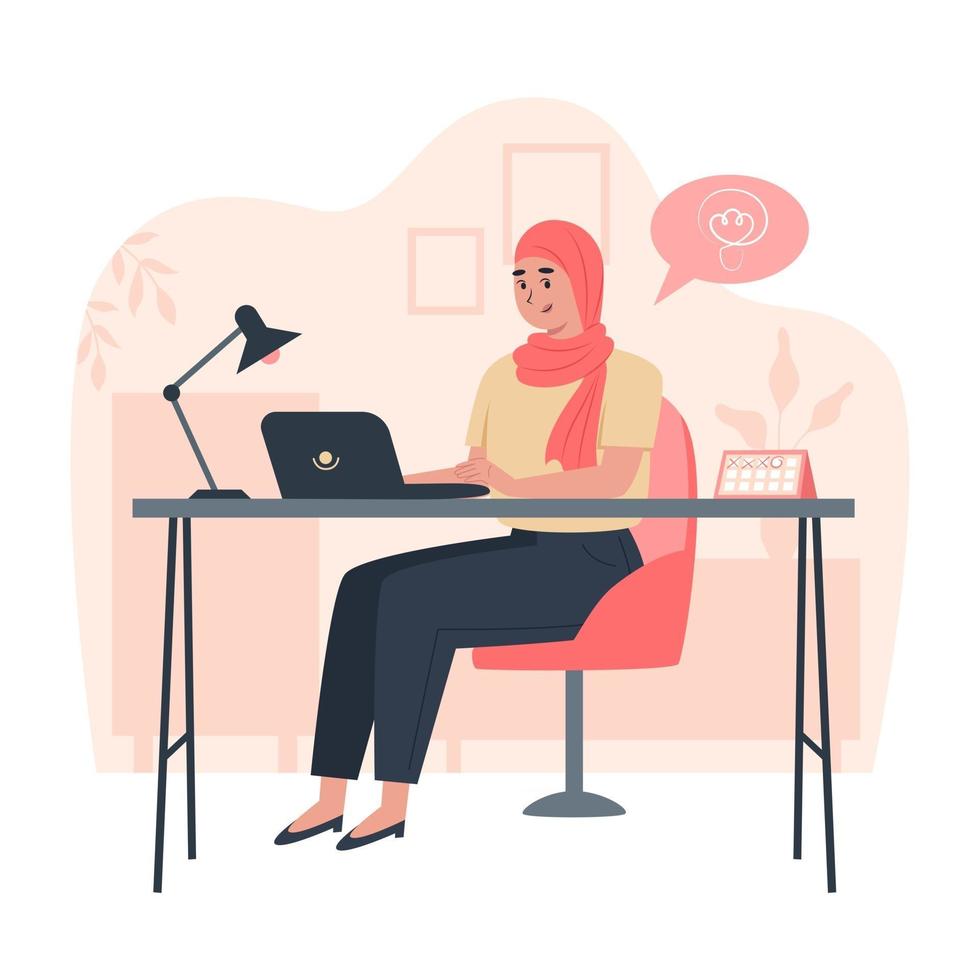 Happy female worker sitting at table in office productivity during the day vector