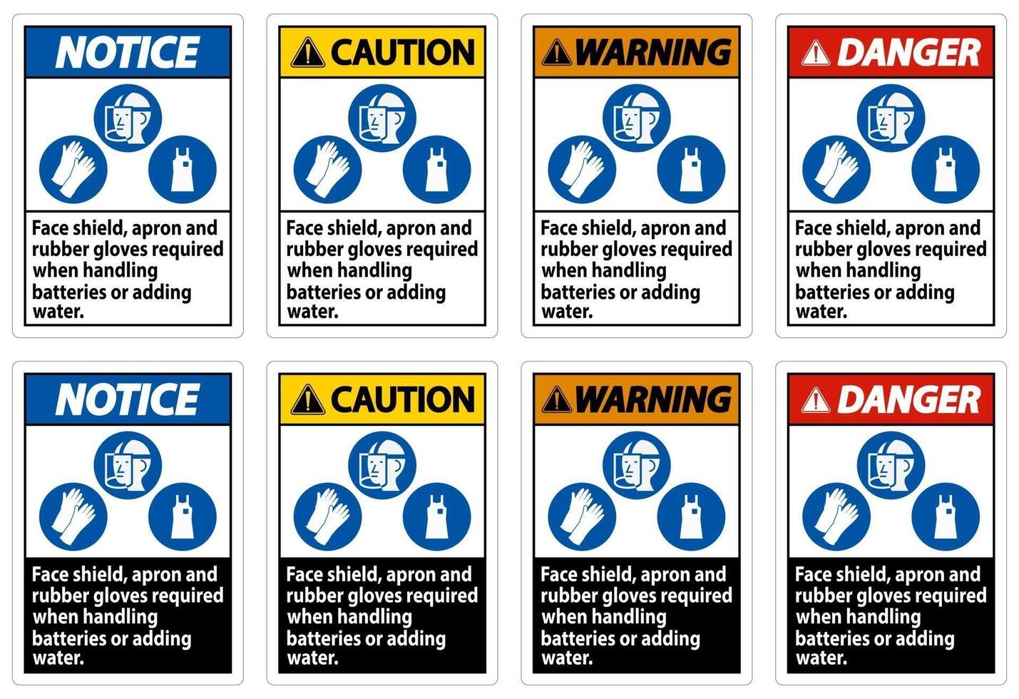 Face Shield Apron And Rubber Gloves Required When Handling Batteries or Adding Water With PPE Symbol vector