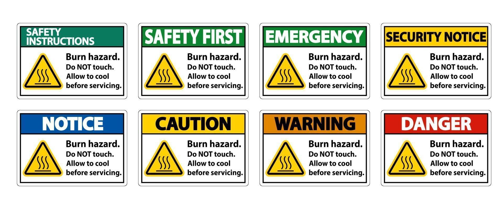 Peligro de quemaduras de seguridad no toque la etiqueta de señal sobre fondo blanco. vector