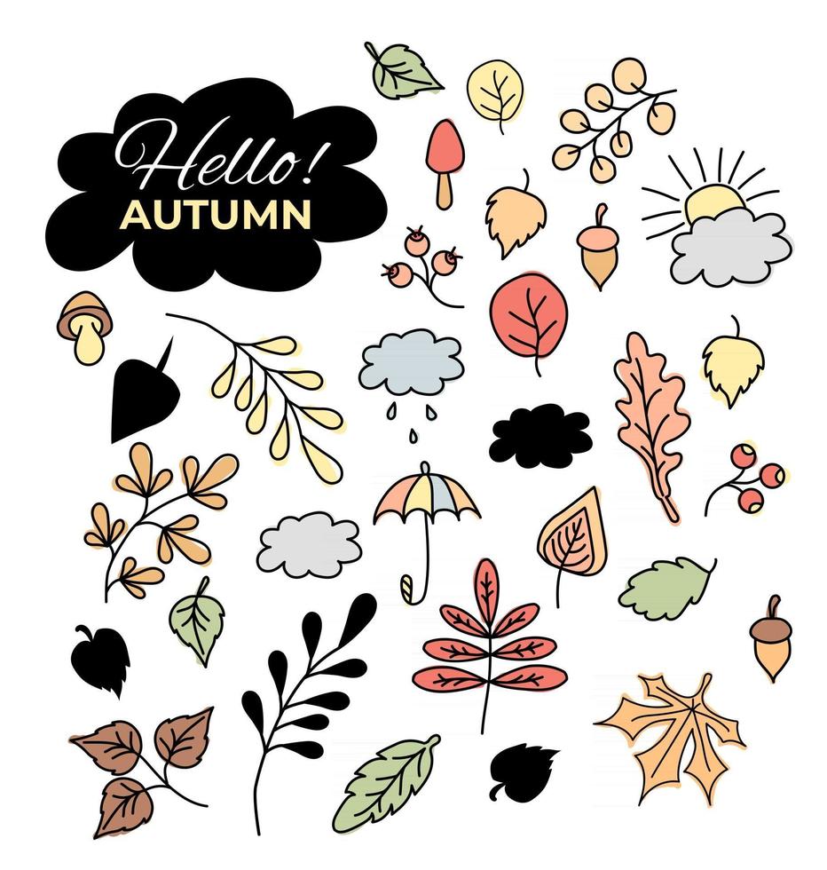 set of autumn  leaves and branches berries and acorns the sun and clouds an umbrella and rain vector