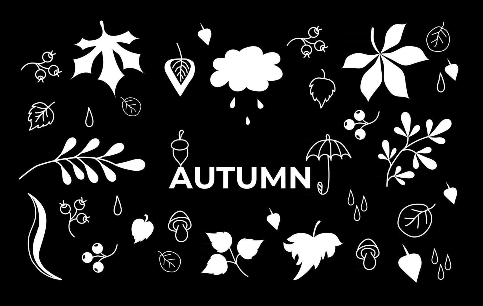 set of autumn drawings on a black background  outline and silhouette vector