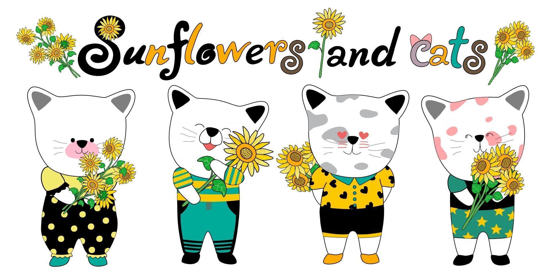 Sunflower and cats doodles style clip art design green yellow and black color vector