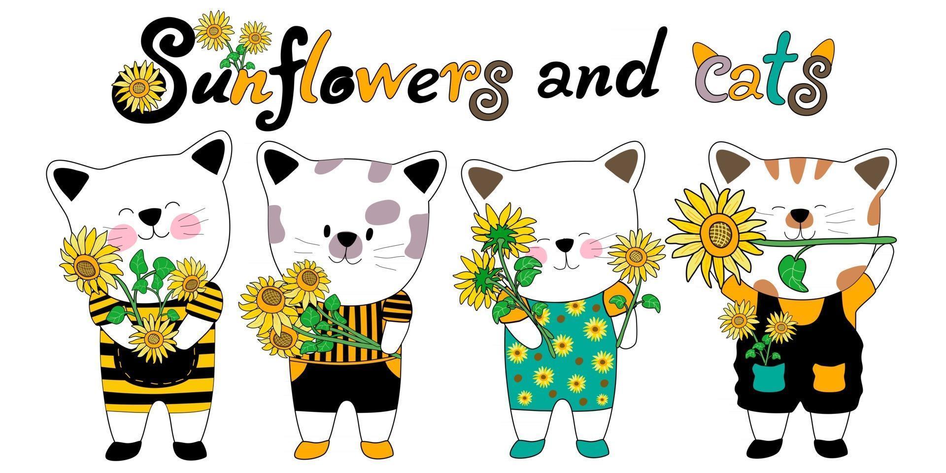 Sunflower and cats doodles style clip art design green yellow and black color vector