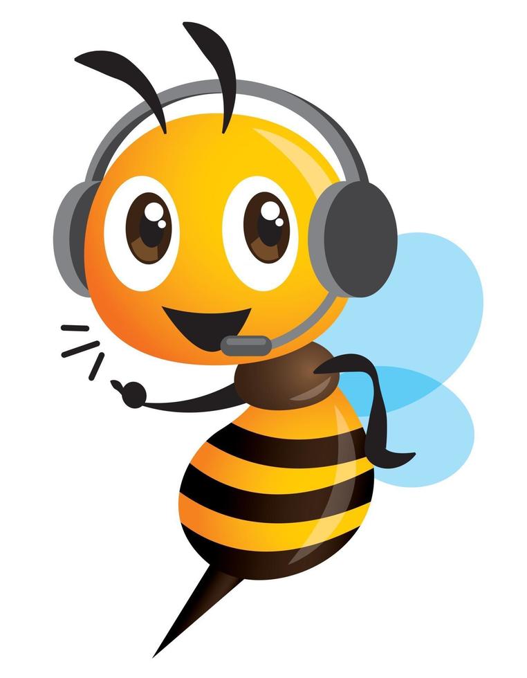 abeja linda de dibujos animados con auriculares para presentación y servicio de apoyo vector