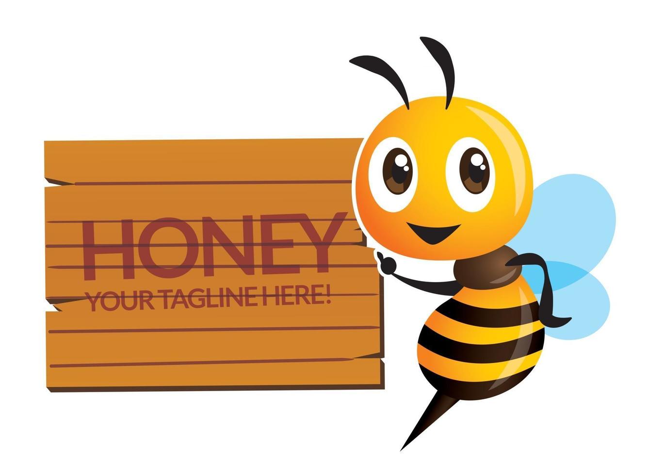 Cartoon cute bee pointing to wooden signboard with custom lettering vector