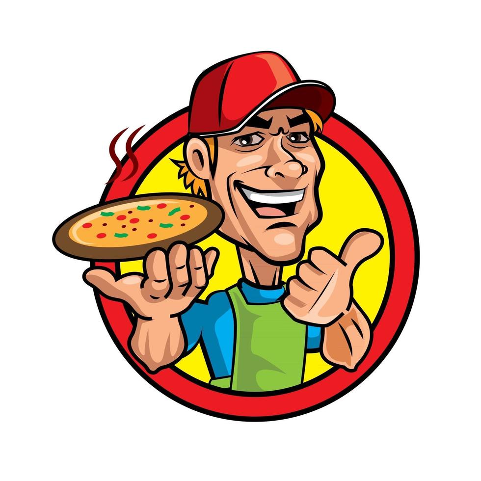 chef de dibujos animados con gorra roja sosteniendo pizza grande mostrando el pulgar hacia arriba vector