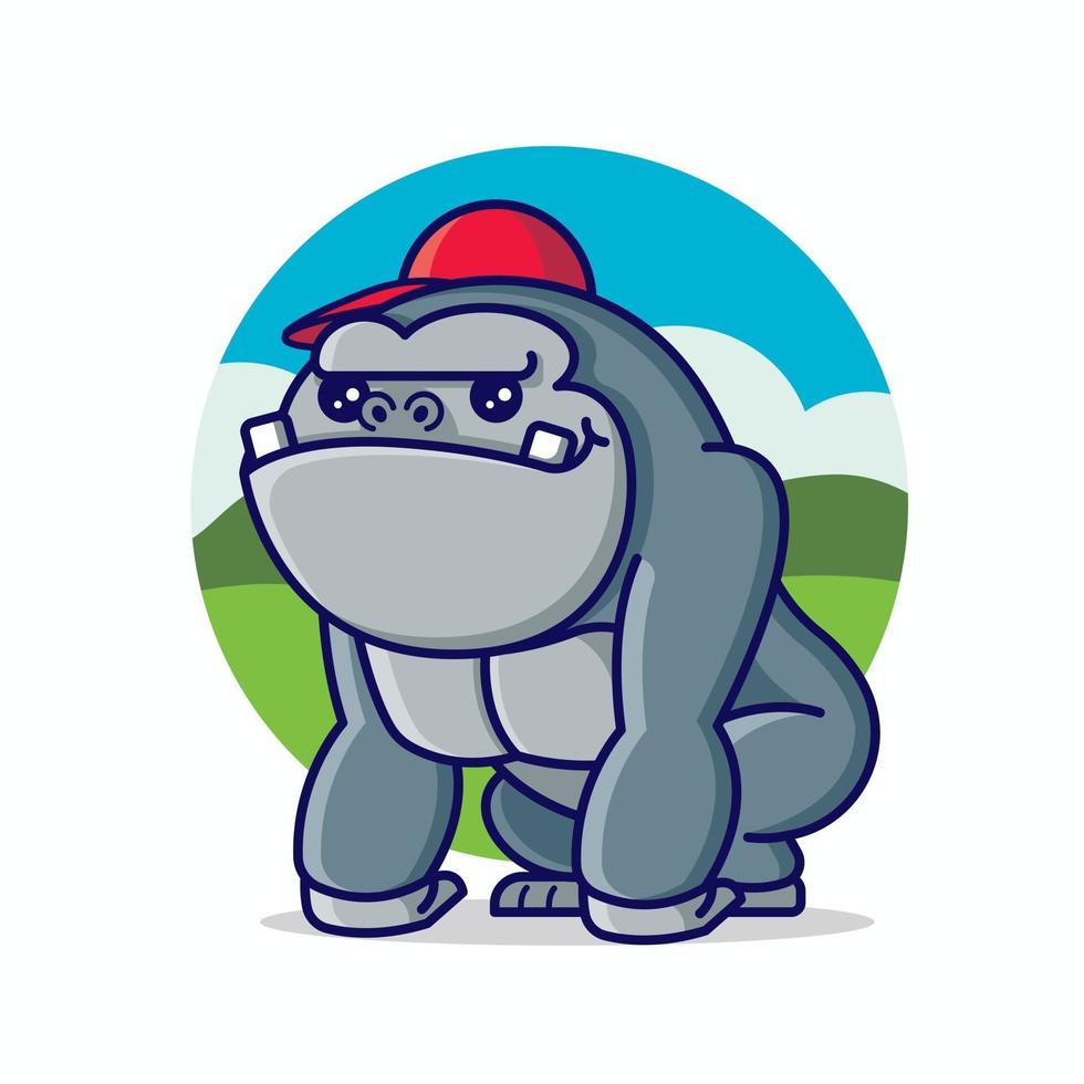 Cartoon cute king kong gorilla wearing red cap with nature  forest background vector