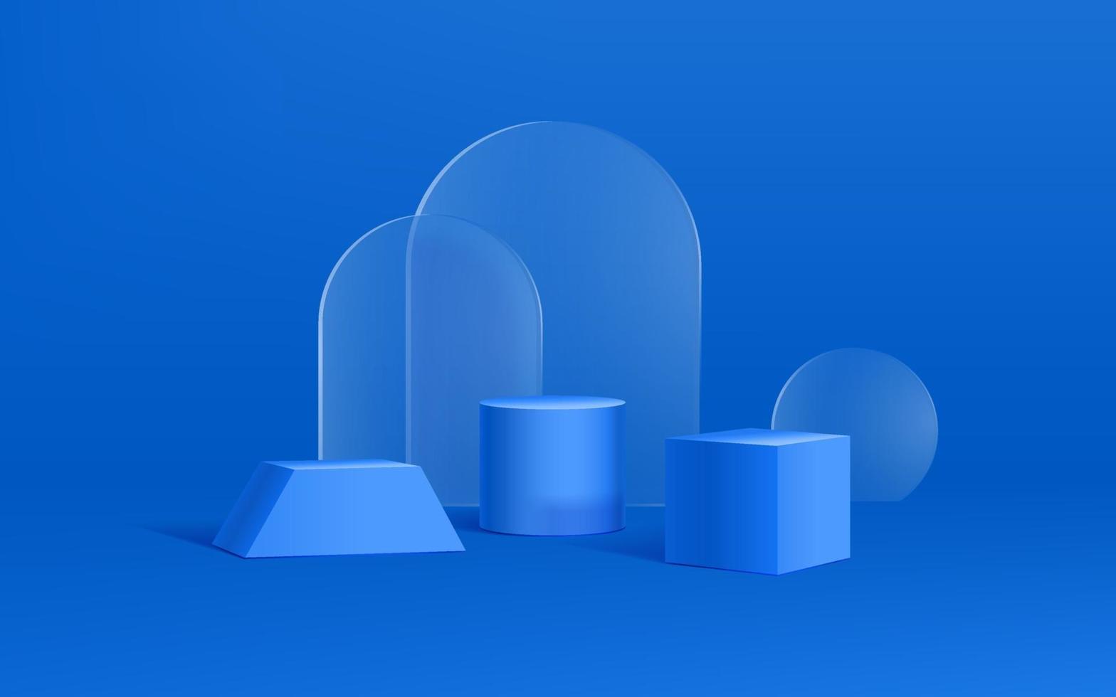 3d creative geometric shape with glass material in blue background for podium product display vector