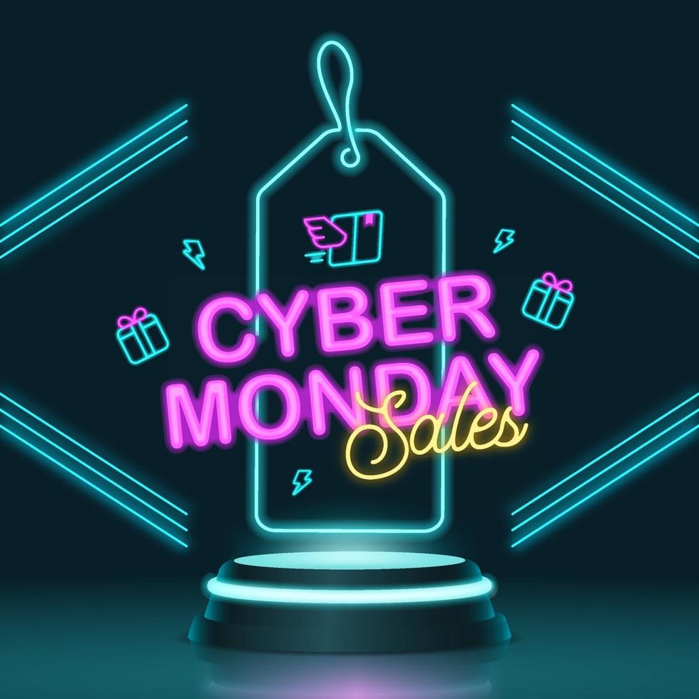 Banner de ventas de Cyber Monday con podio futurista y concepto de lámpara de neón vector