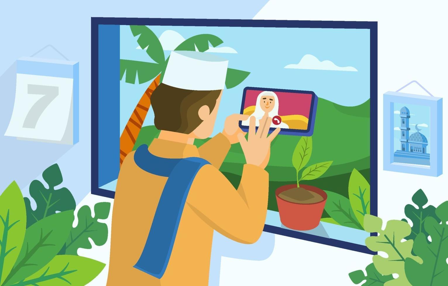 Eid Family Greetings with Video Call Concept vector