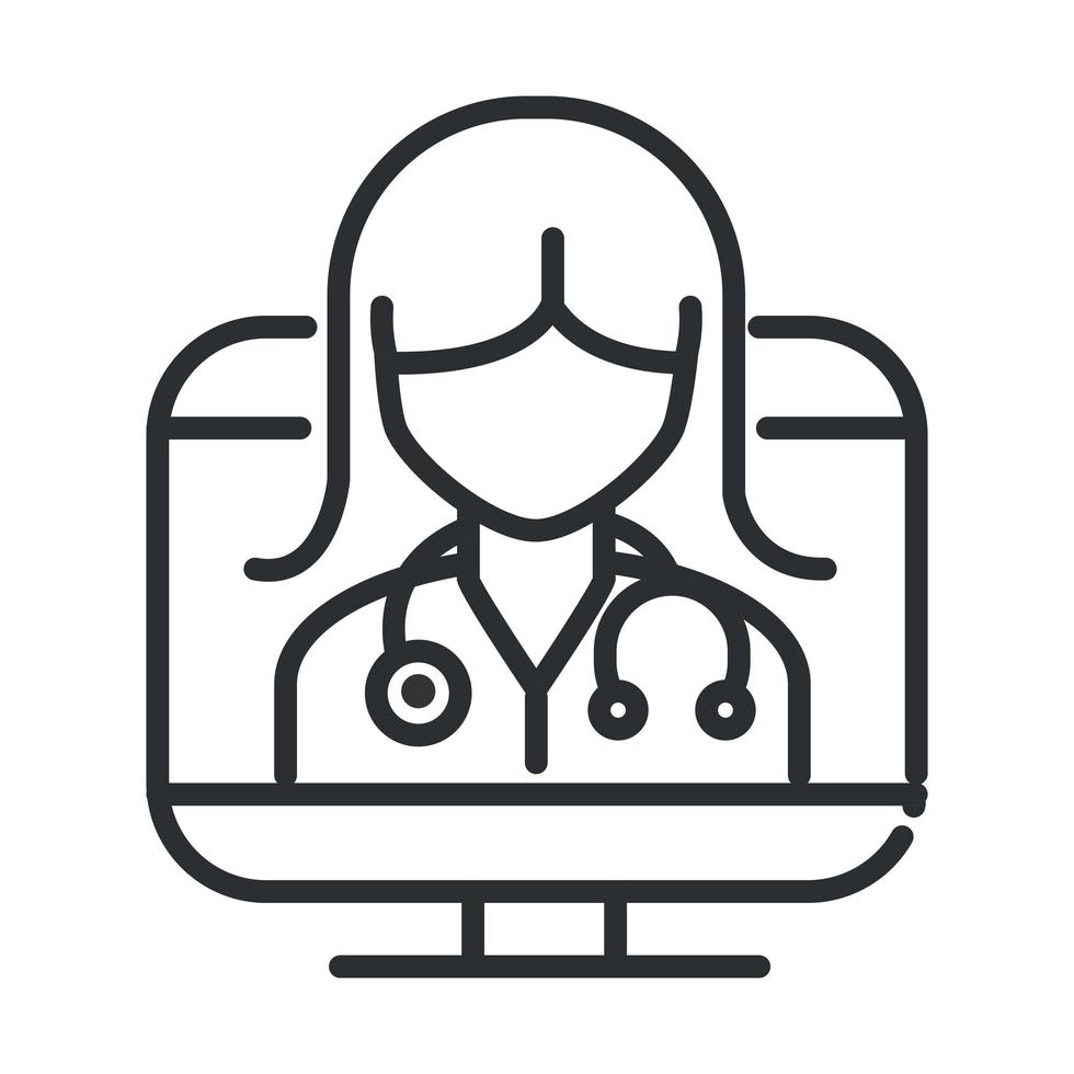 online health female doctor with stethoscope in computer covid 19 pandemic line icon vector