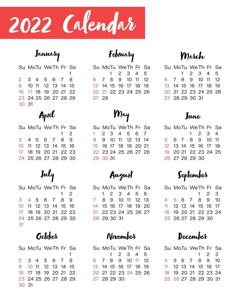 Vertical Calendar for Year 2022 isolated on white background vector