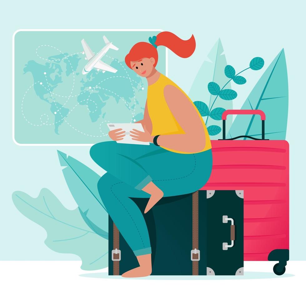Young smiling Woman sitting on a Suitcase with a tablet in her hands Time to Travel vector