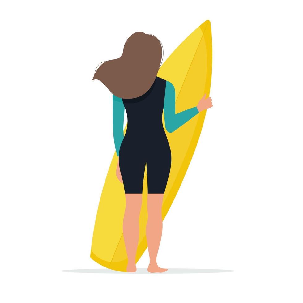 mujer con una tabla de surf vector