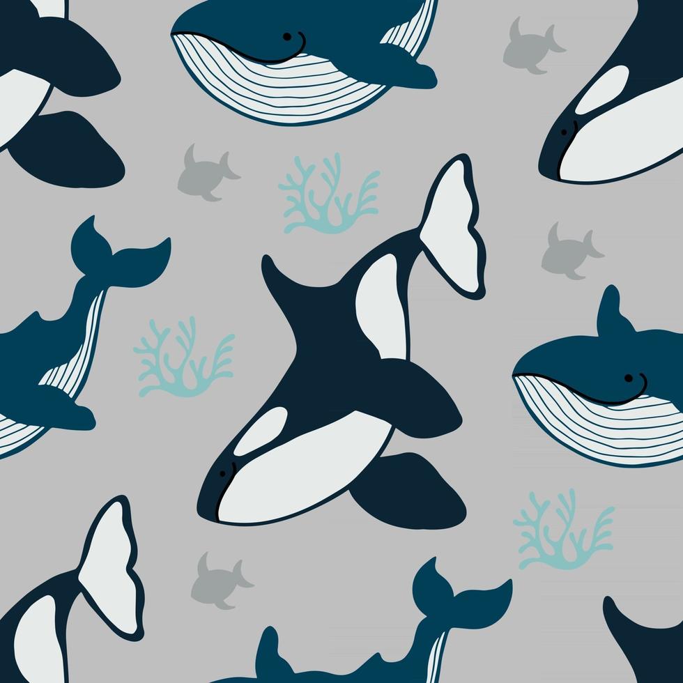 Seamless pattern with cute whales in simple hand drawn style vector