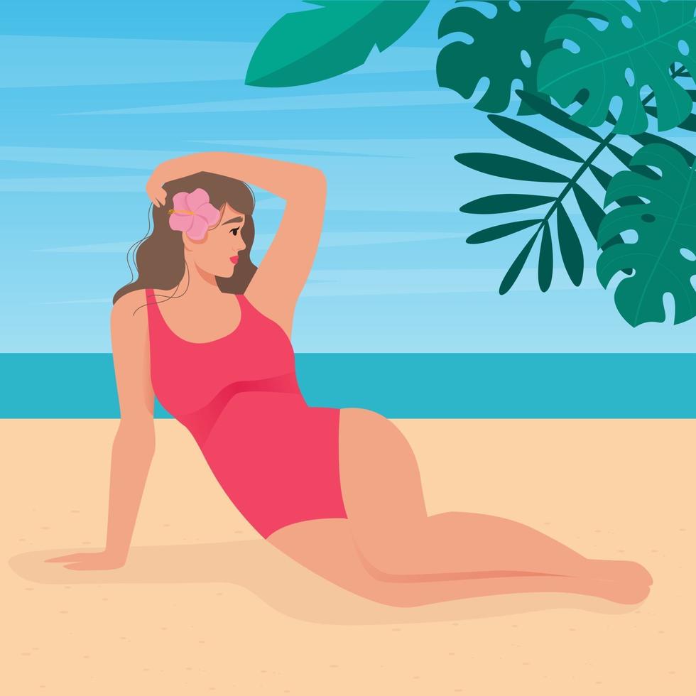 Beautiful young Woman in swimsuit on the sand beach with sea background vector