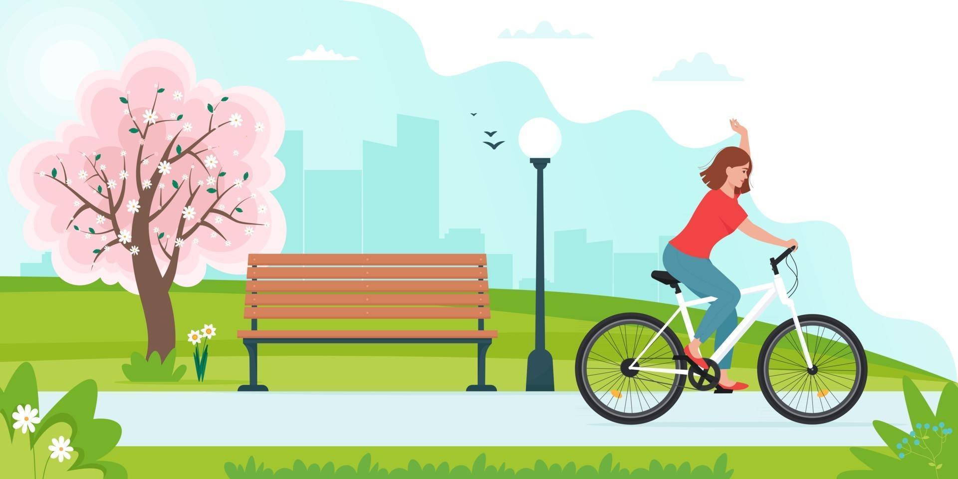 Woman riding bike in the park on Spring landscape vector