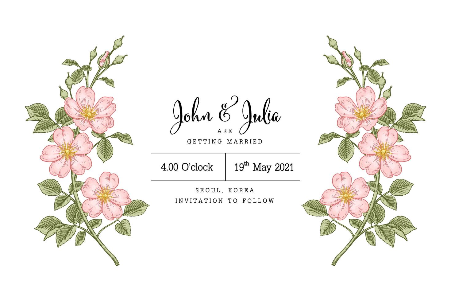 Pink Dog rose or Rosa canina flower Hand Drawn Botanical Illustrations Invitation card template vector