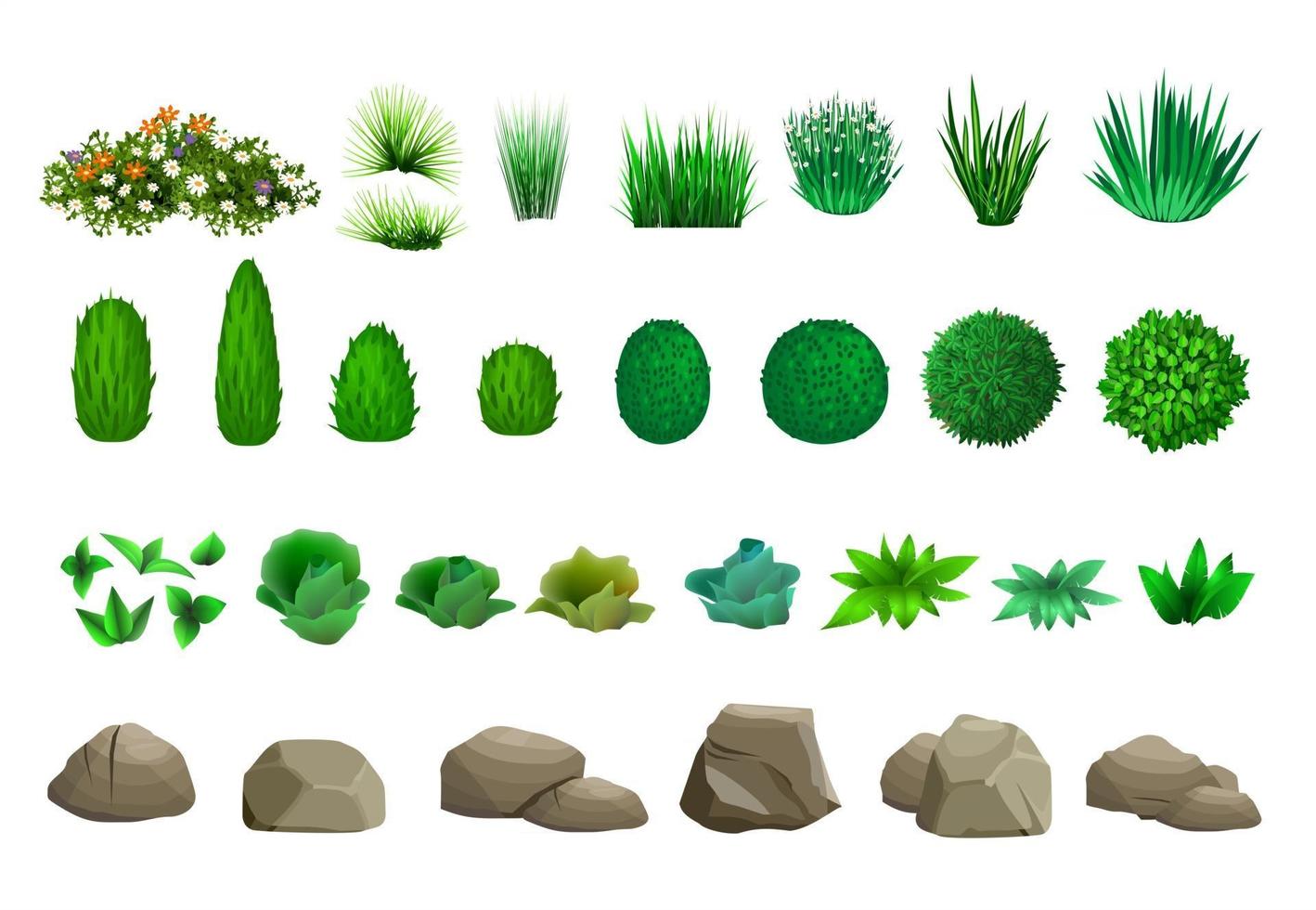 conjunto, de, vector, árboles, arbustos, y, piedras vector
