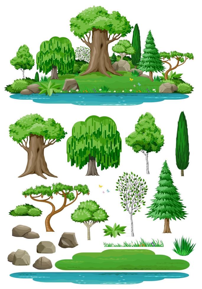 Set of vector trees bushes and stones