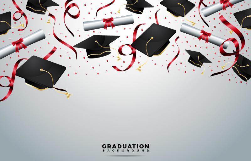 sombreros de graduación y fondo de pergaminos vector