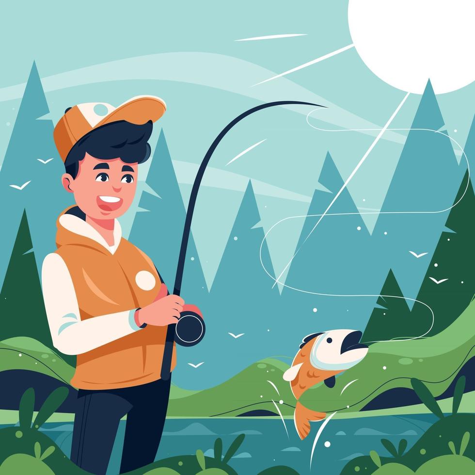 Hombre feliz pescando en el río en verano vector