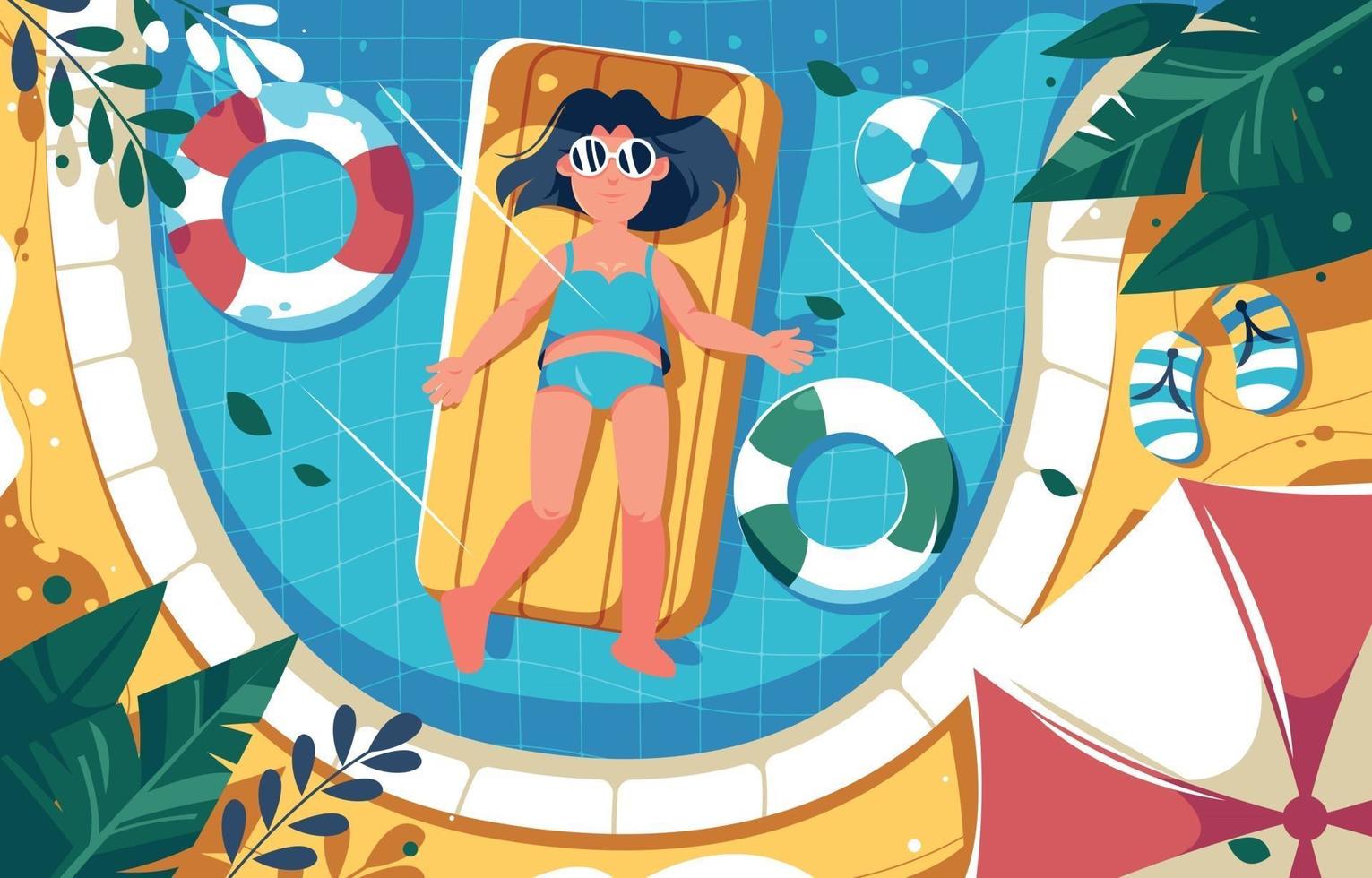 mujer, relajarse, en, piscina, en, verano vector