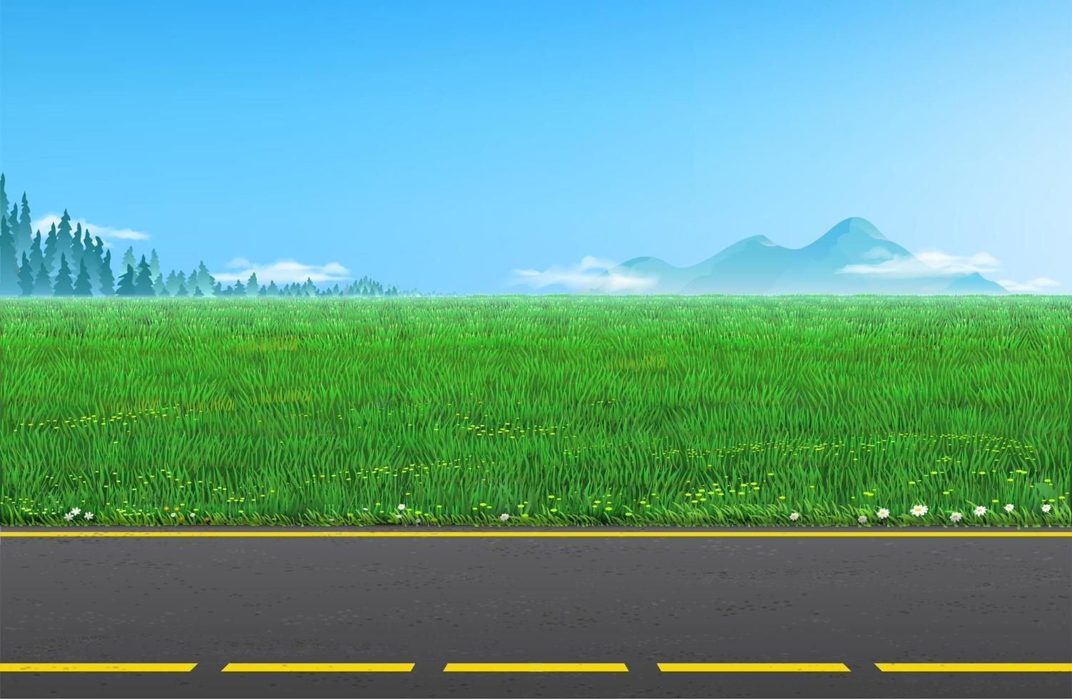 paisaje con un campo verde y un día en la carretera. vector