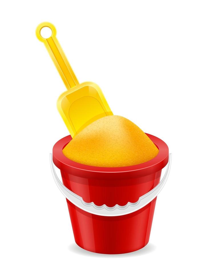 playa cubo rojo y juguete para niños pala amarilla para ilustración de vector de stock de arena aislado sobre fondo blanco