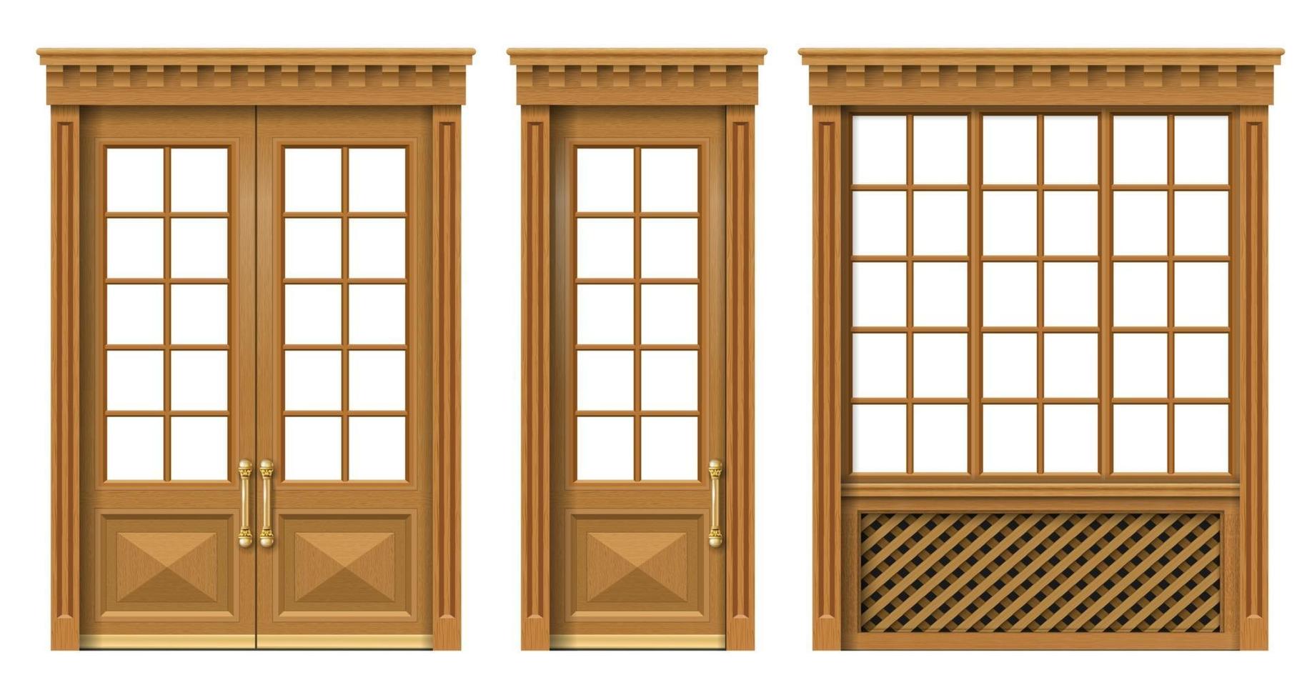 Classic wooden window French door set vector