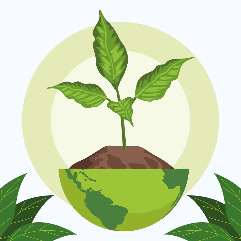 save the world environmental poster with earth planet and plant vector