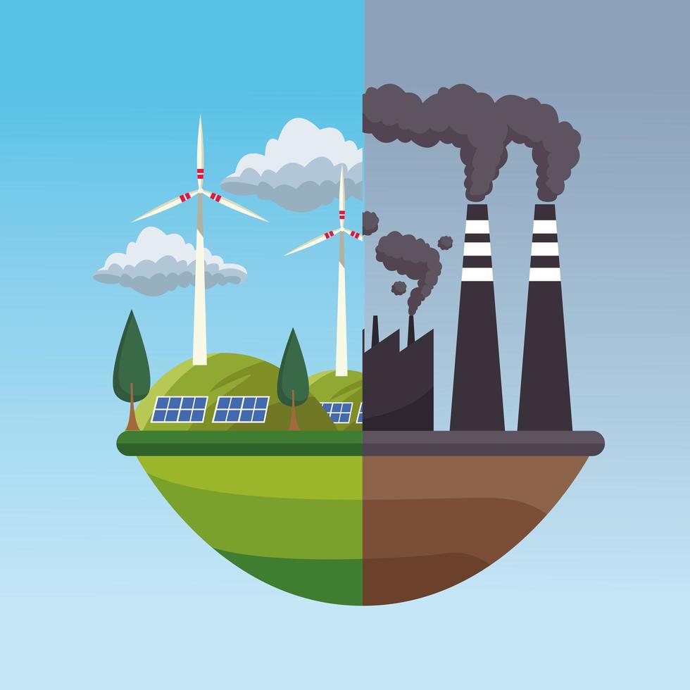 save the world environmental poster with eco city and factory polluting scenes vector