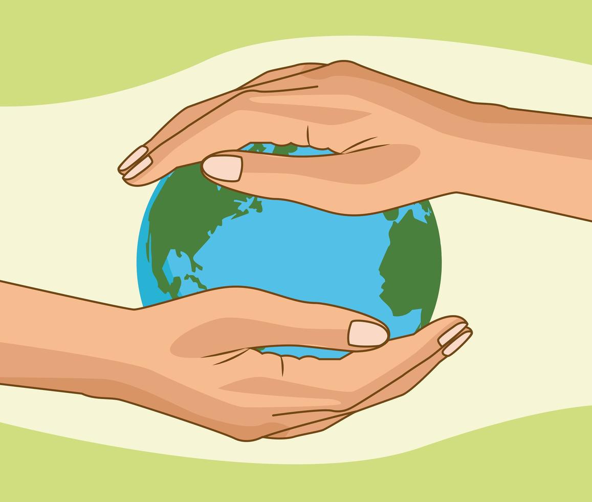 Salve el cartel ambiental mundial con las manos levantando el planeta tierra vector