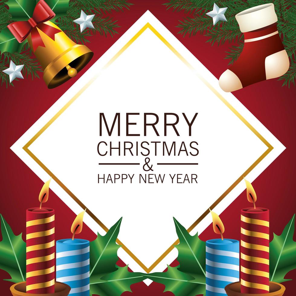 Feliz tarjeta de letras de feliz navidad con campana de oro y velas vector