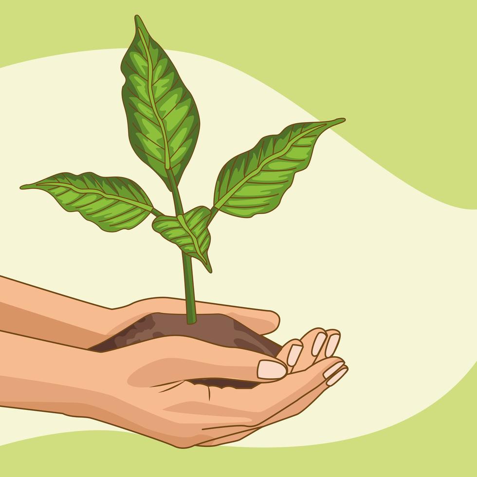 save the world environmental poster with hands lifting tree plant vector