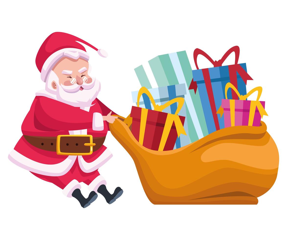 lindo santa claus con personaje de bolsa de regalos vector