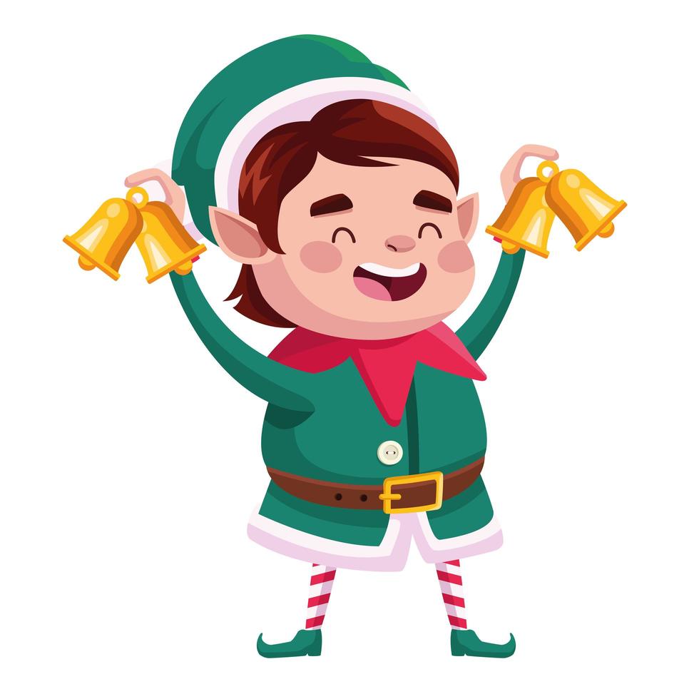 lindo personaje navideño de ayudante de santa con campanas doradas vector