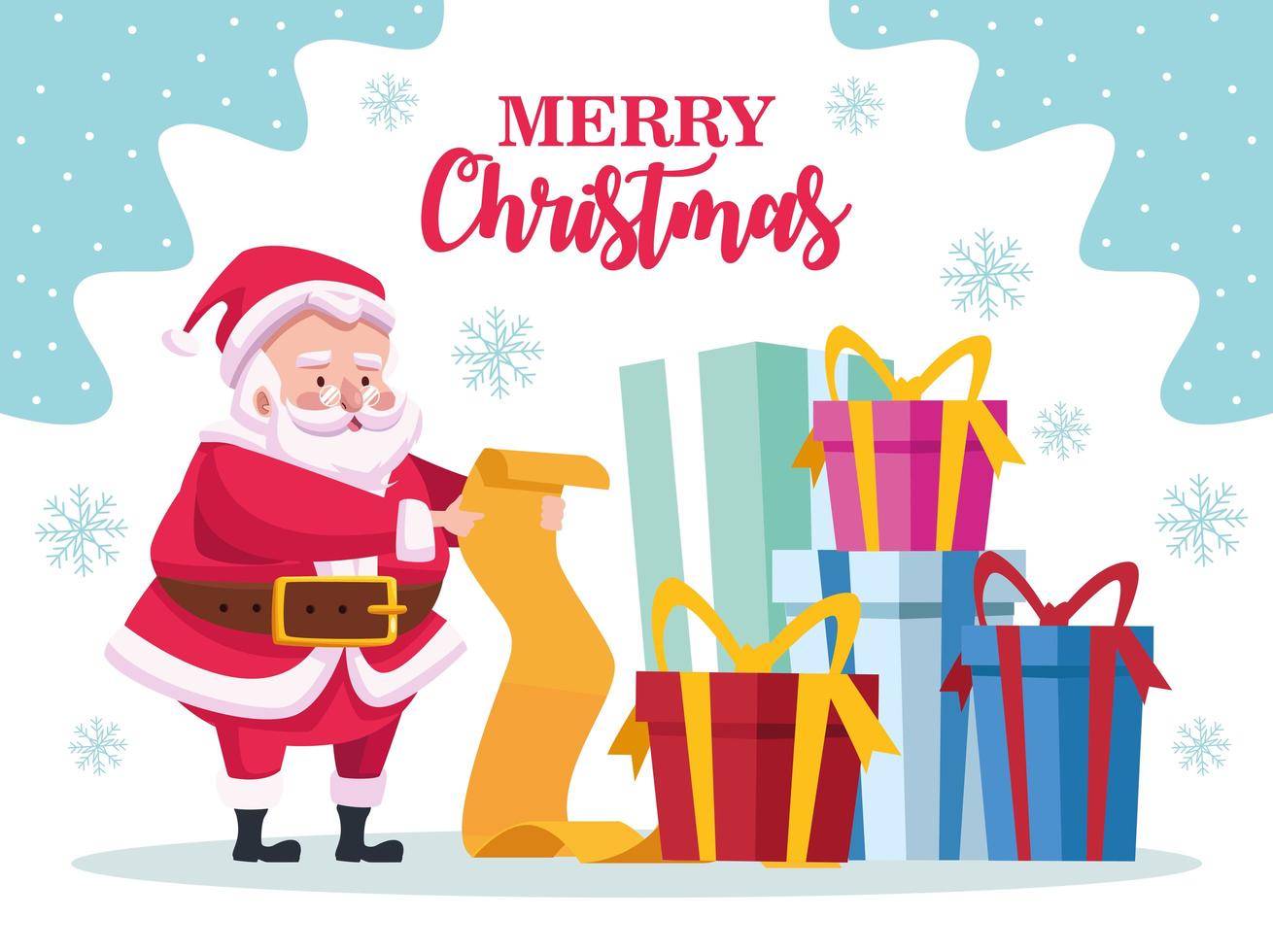 cute santa claus reading gifts list and pile presents character vector