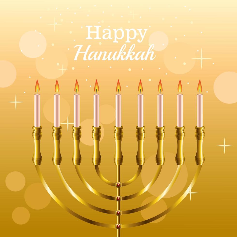 feliz tarjeta de celebración de hanukkah con candelabro dorado vector