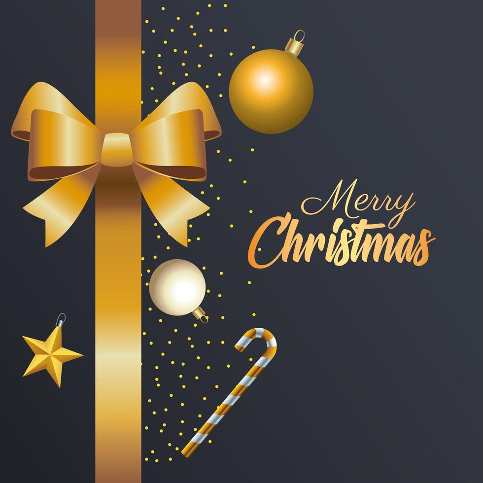 happy merry christmas golden lettering with bow ribbon and balls vector