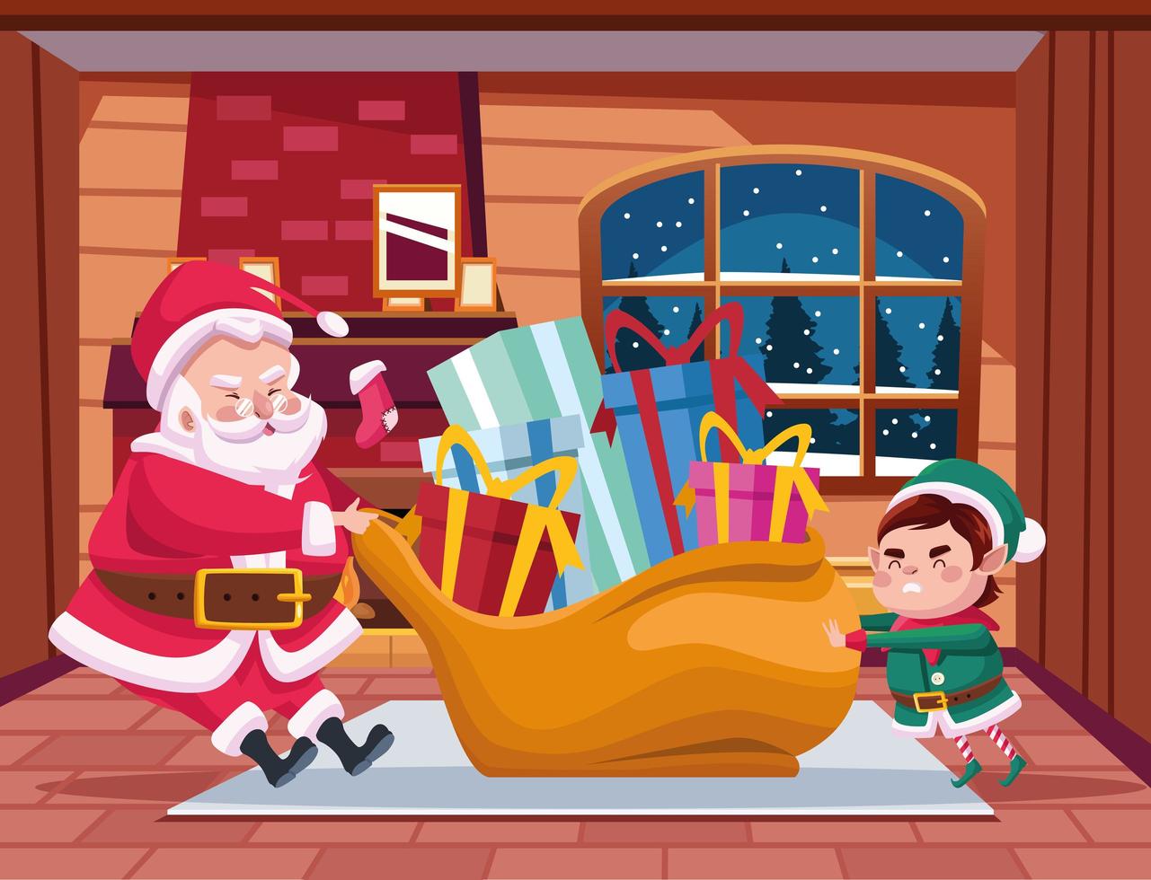 lindo santa claus y ayudante con bolsa de regalos personajes escena vector