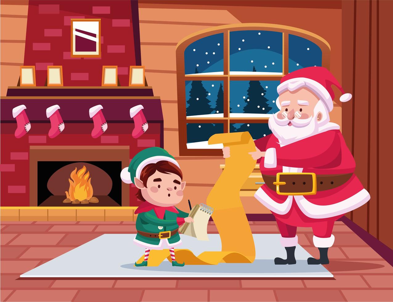 lindo santa claus y ayudante leyendo la lista de regalos escena vector