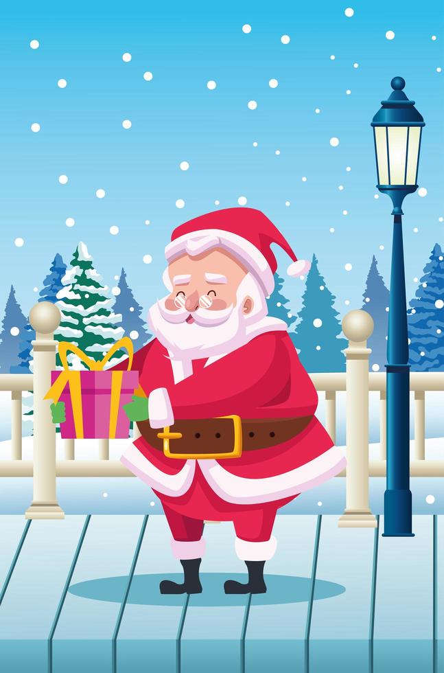 lindo santa claus con regalo en paisaje nevado vector