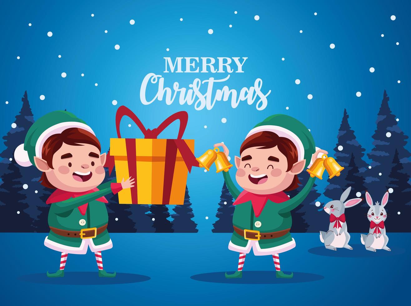 santa helpers couple lifting gift and bells characters vector