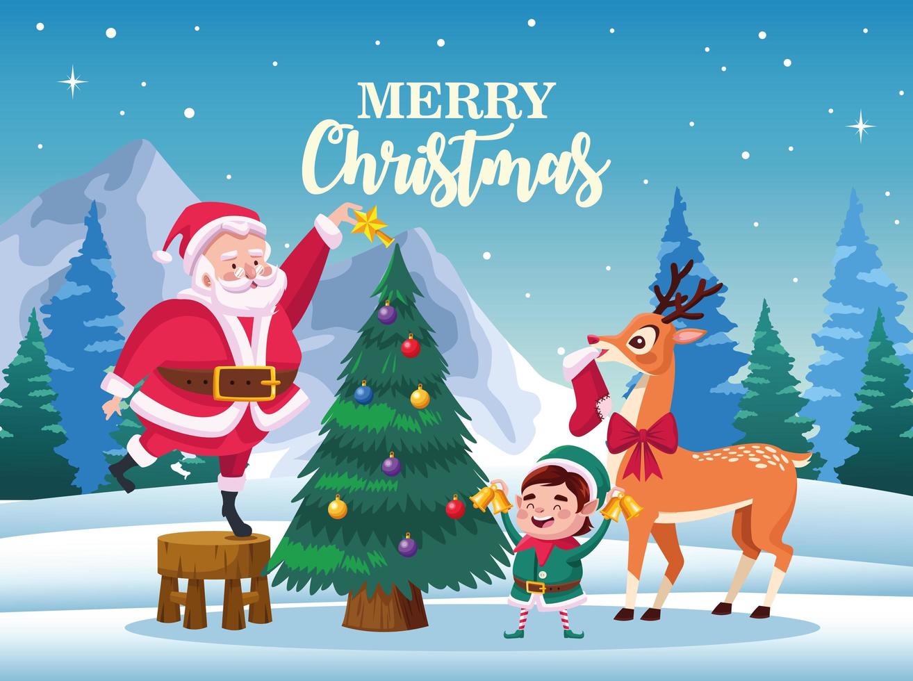 lindo santa claus con elfos y ciervos decorando la escena del árbol de navidad vector