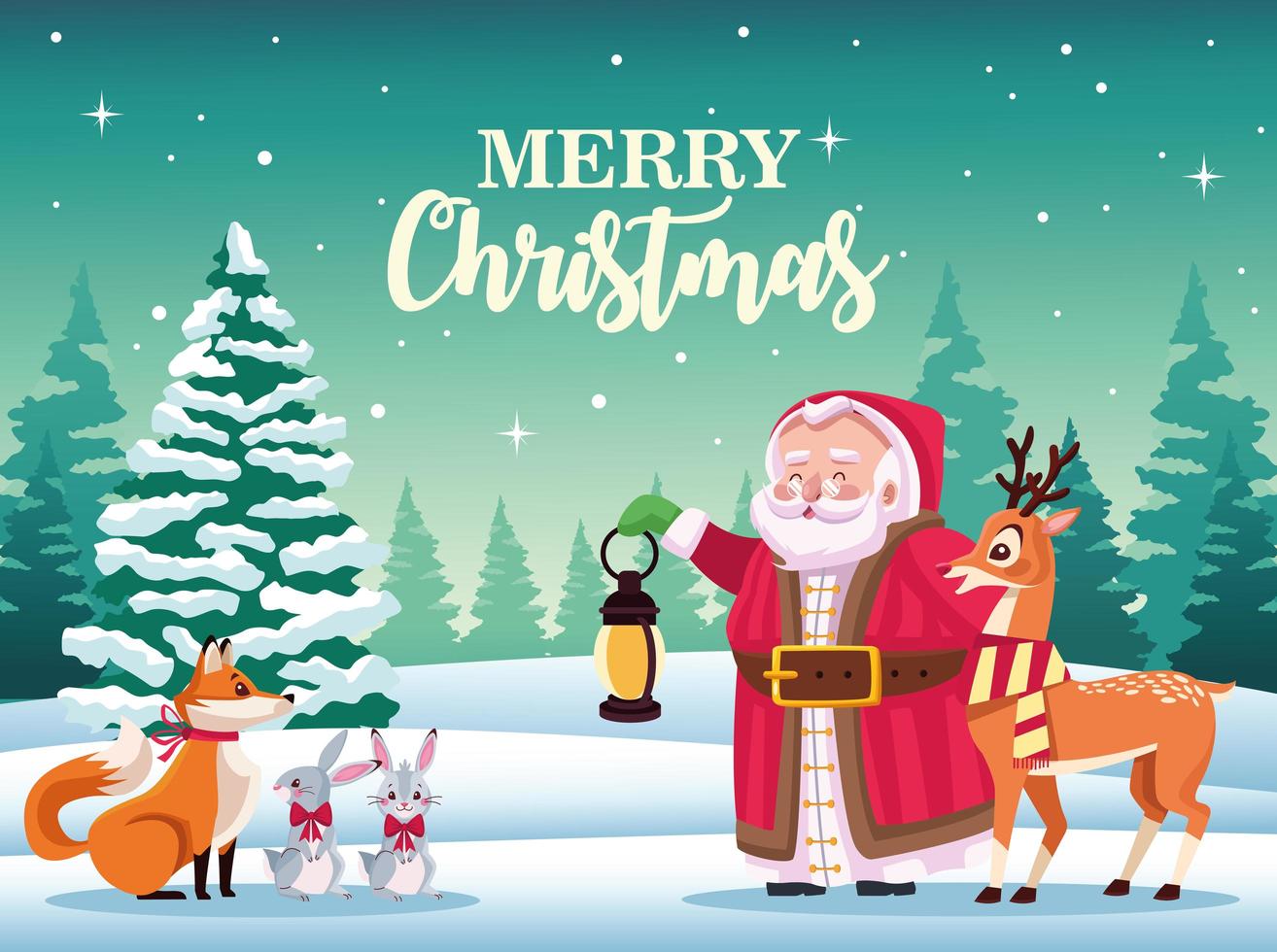 lindo santa claus con animales en la escena del paisaje nevado vector