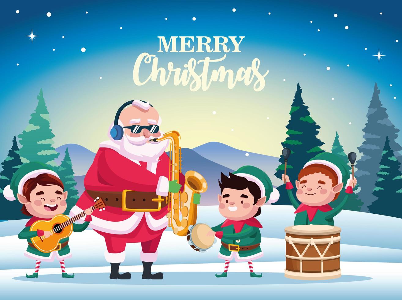 cute santa claus and helpers playing instruments scene vector