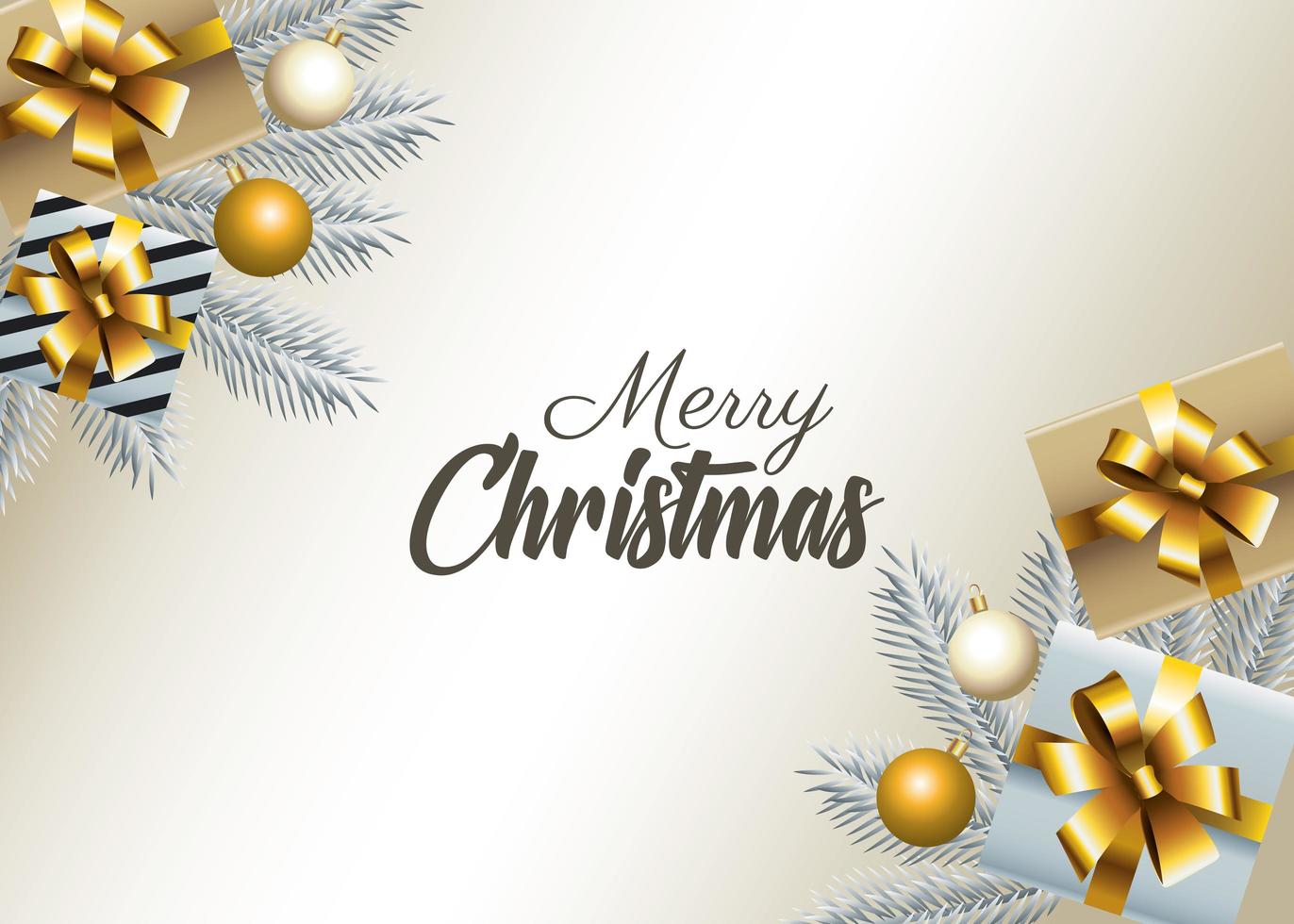 happy merry christmas lettering with silver firs and gifts vector