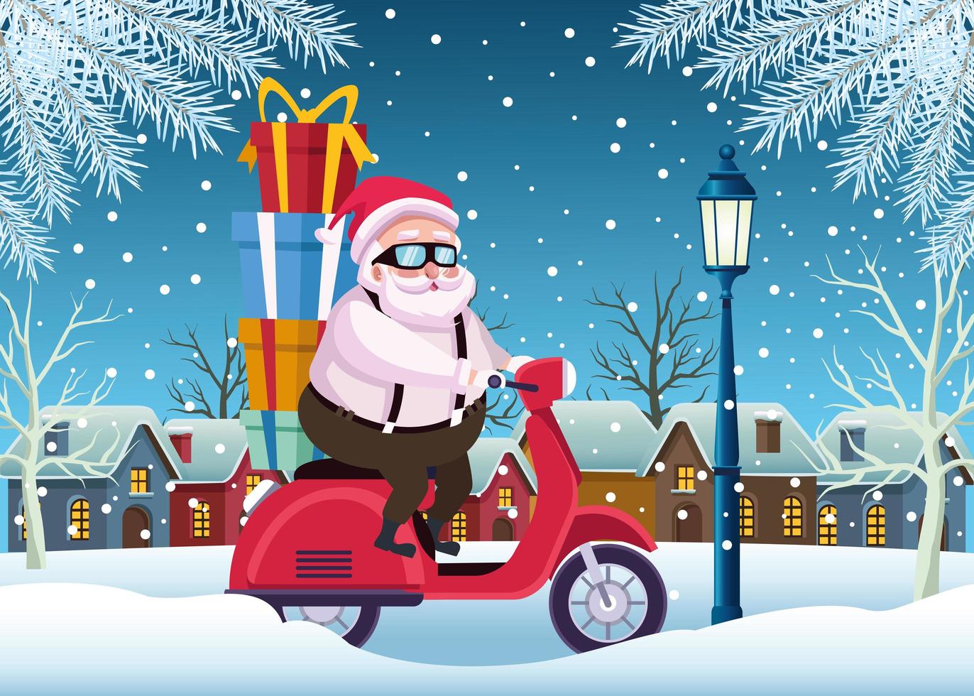 cute santa claus with gifts in motorcycle scene vector