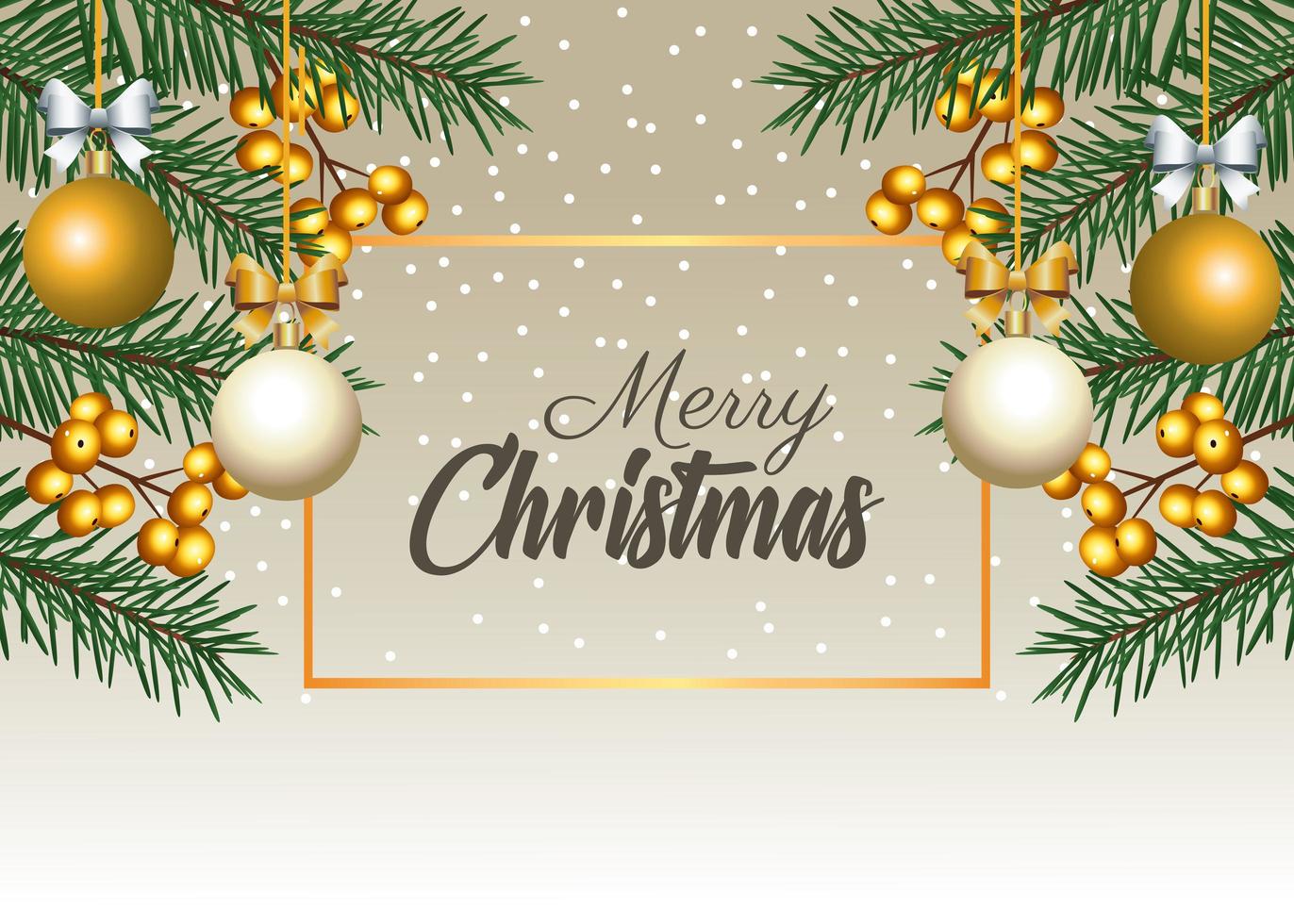 happy merry christmas lettering with firs and balls in square frame vector